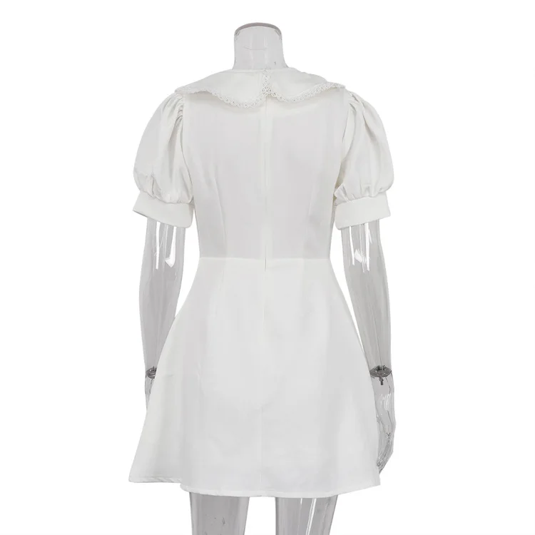 Elegant Slim Mini Dress Women Lace Short Sleeve Doll Collar Button Splice Autumn Fashion Classic Office Dresses Female