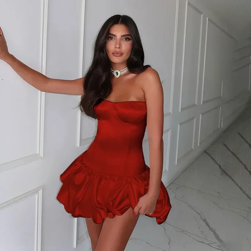 Elegant Strapless Ruched A-line Short Dress Women Slim Off Shoulder Backless Party Dress Autumn Lady Solid Evening Gowns