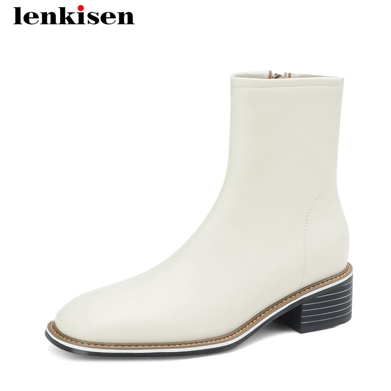 

Lenkisen Cow Leather Officer Lady Causal Wear Square Toe Med Heels England Style Fashion Boots Zipper Solid Brand Ankle Boots
