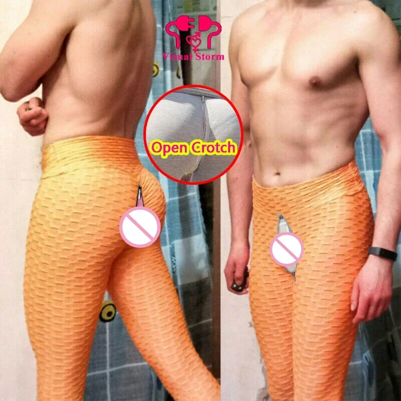 Men Sexy Crotchless Leggings Couple High Waist Gay Push Up Panties Open Crotch Pants Double Hidden Zippers Skinny Tight Fashion
