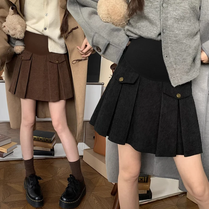 Autumn Winter Maternity Woolen Skirts with Golden Buttons High Waist Pregnant Woman Pleated Skirts Sexy Mini Skirt Black Brown