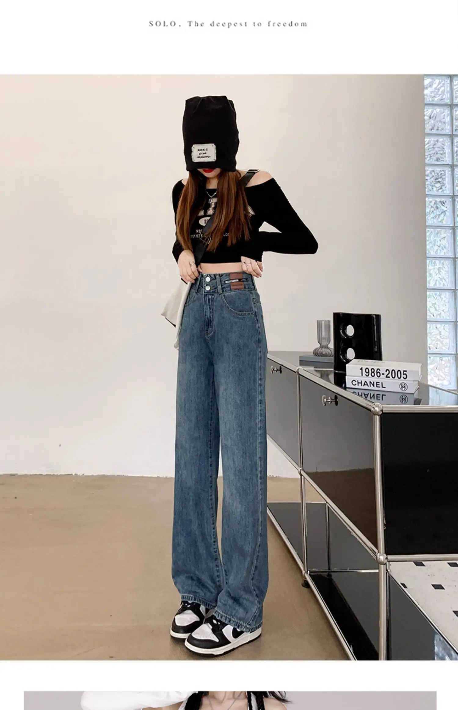 Slim Wide Leg Denim Jeans High Waist Double Bule Straight Cut Pants for Women Bla ey Autumn New Arrival Faionable Wea...