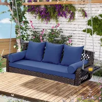 3 Seat Porch Swing, Wicker Patio Swing with Cup Holders & 3 Back Cushions, Yard Swing with Chains for Deck Garden Backyard 1