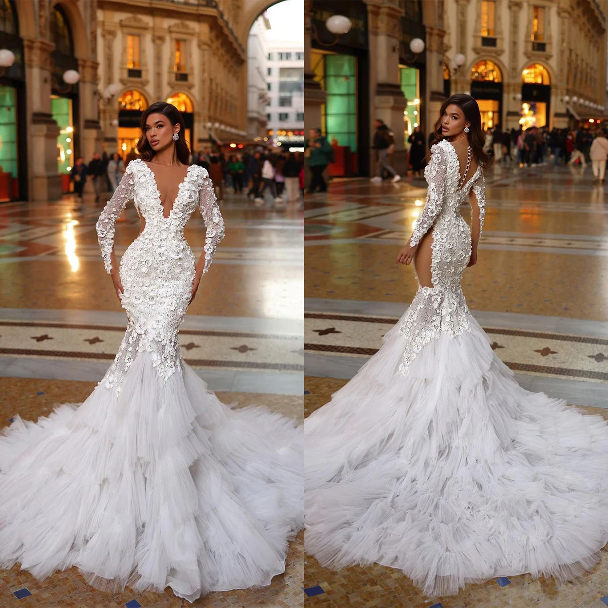 

White Mermaid Wedding Dresses 3D Floral Appliques Long Sleeve Bridal Gowns Lace Illusion Jewel Neck Bride Dress