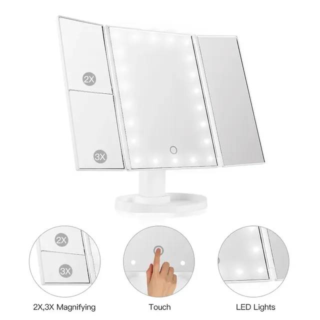 Miroir de maquillage de vanité LED avec commande tactile, éclairage réglable 1X, 2X, grossissement 3X, conception à trois volets, cadeau idéal pour les femmes 4