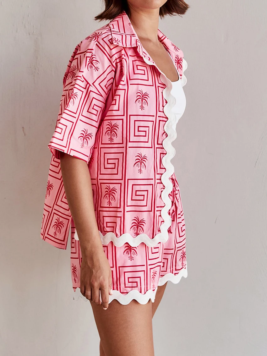 Mathaqiqi Casual Women'S Nightwear Suit Sexy Turn-Down Collar Pajamas Half Sleeve Nightgowns Shorts Printing Summer Home Clothes