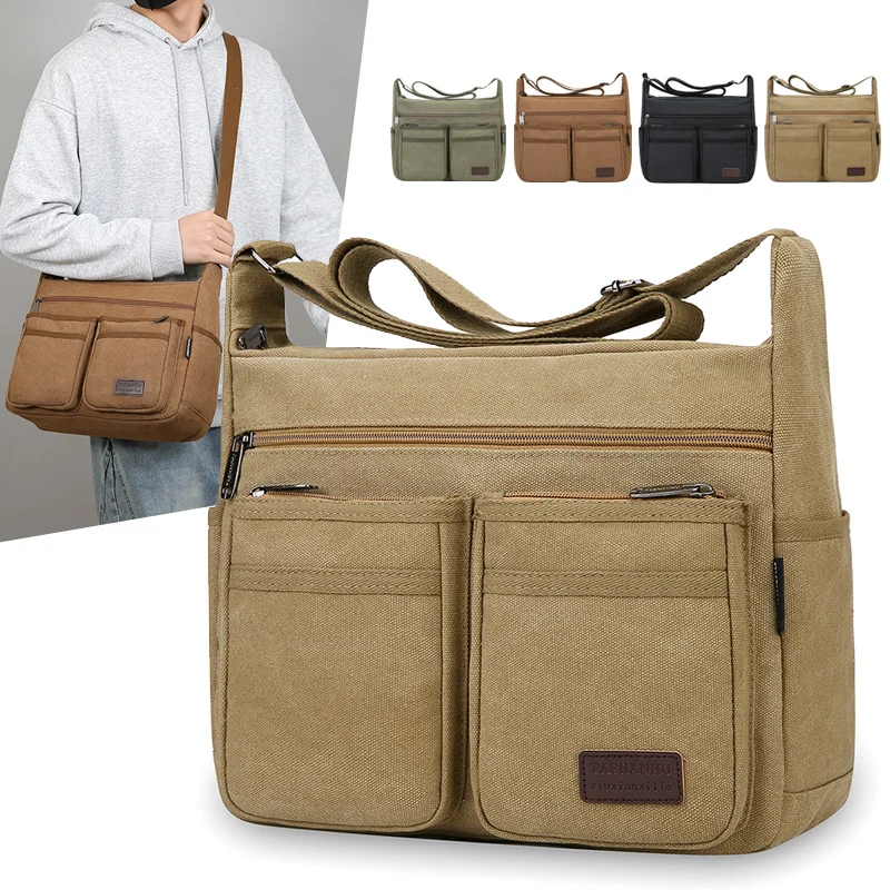 Neutral business casual crossbody bag - adjustable shoulder straps, multiple zippered compartments, durable black polyester lini