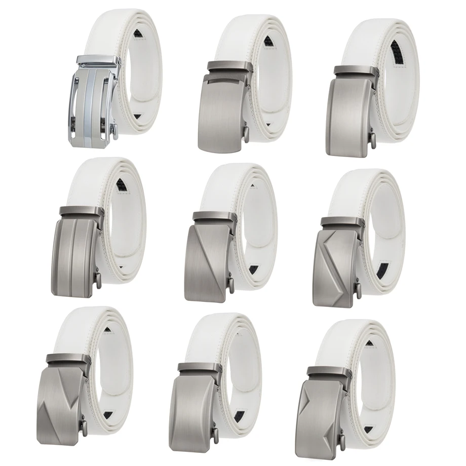 

Plyesxale Luxury 3.5cm Width Men White Leather Belts Automatic Buckle Adjustable Mens Ratchet Belts Trendy Male Waist Belt B1044