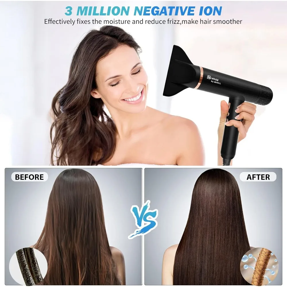 Ionic Hair Dryer Professional Blow Dryer With 3 Attachments 110000RPM High-Speed Brushless Motor For Fast Drying