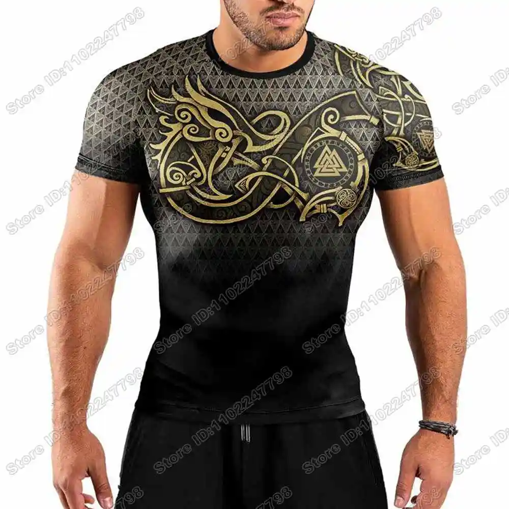 Viking Fenrir Symbol Rune Rash Guard Jiu Jitsu BJJ MMA T-shirt Compression Shirt Short Sleeve Surfing Jersey GYM Fitness Jersey