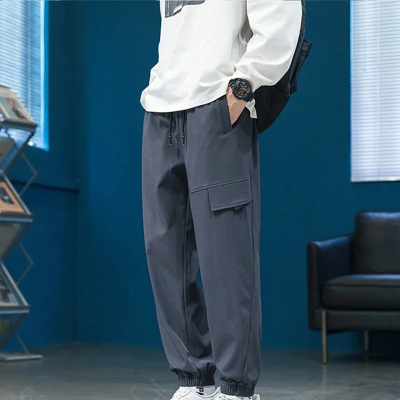 New Casual Men's Trend for Spring and Summer, Loose Fitting Sports Leggings, Black Draped Cropped Pants