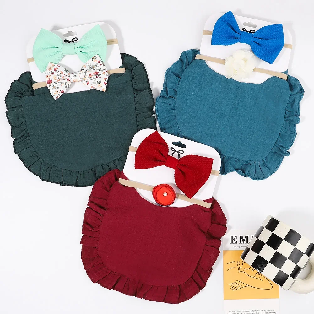 

3Pcs/Set Newborn Baby Bow Headband Muslin Cotton Bib Set Boy Girl Feeding Drool Saliva Towel Burp Cloth Adjustable Infant Scarf