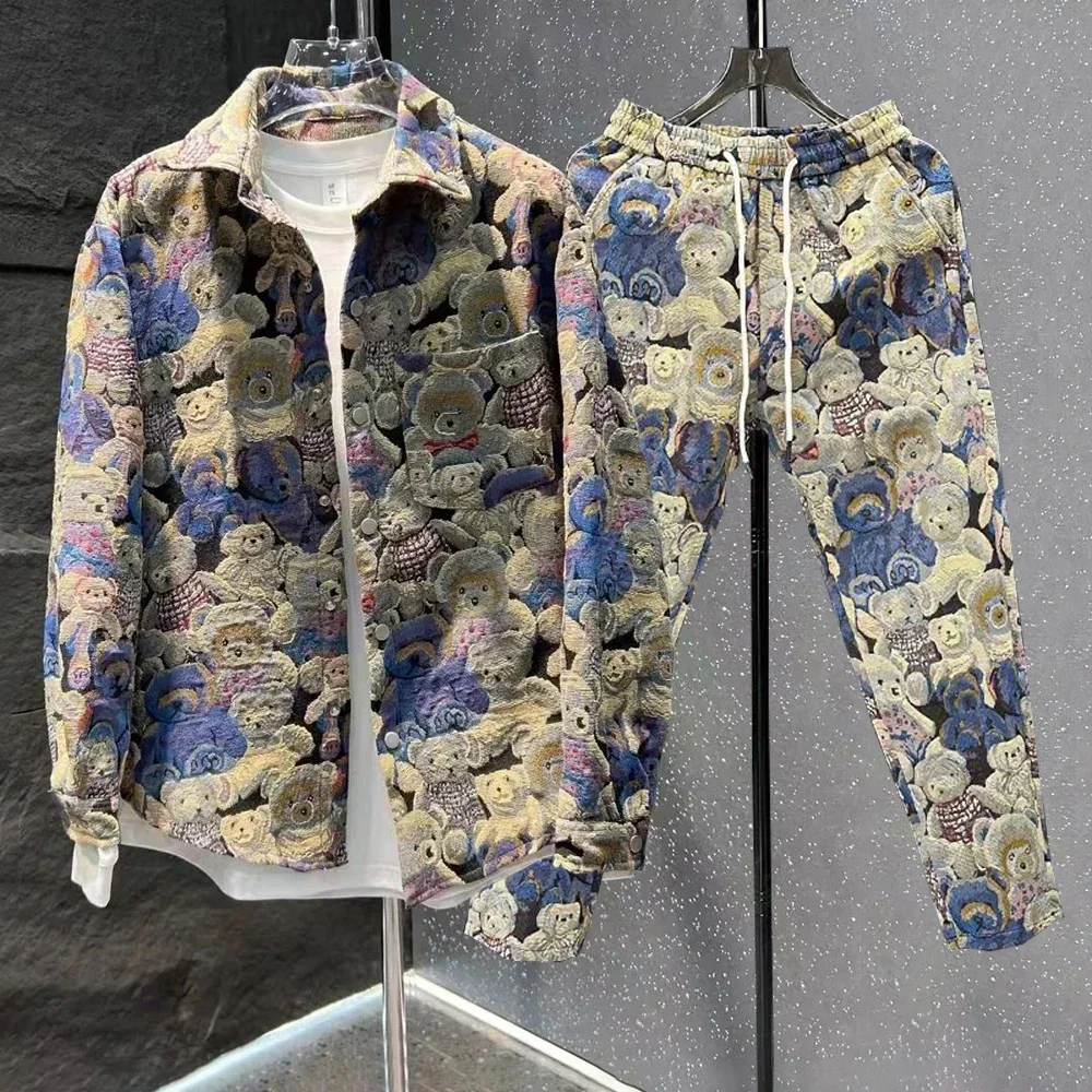 

Autumn Bear Embroidered Long-Sleeved Mens Jacket + Street Leggings Men Suit Two-Piece Set Y2k Casual Casual Trendy Design Suit