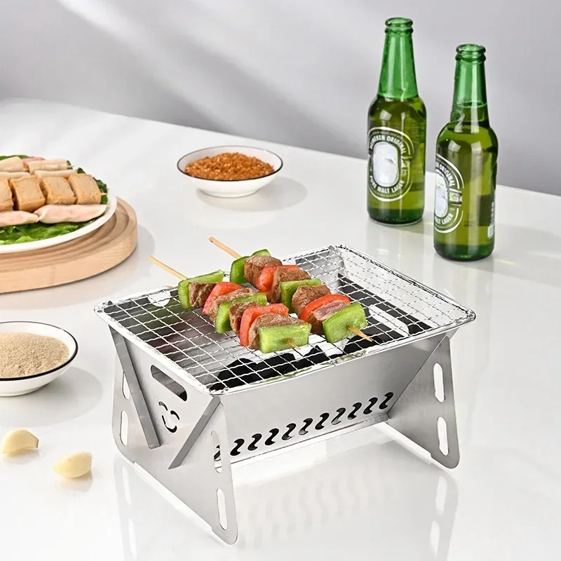 New Mini Outdoor Folding Barbecue Stove Stainless Steel Convenient Card Type Firewood Stove Barbecue Grills Rack Household Stove