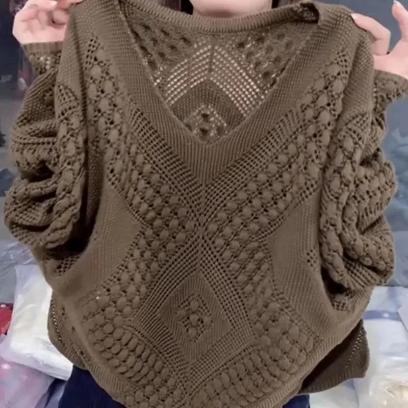 Lazy Hollow Loose Solid Color V-Neck Knitted Sweater For Women's Spring And Summer New Long Sleeve Pullover Green Shirt Female