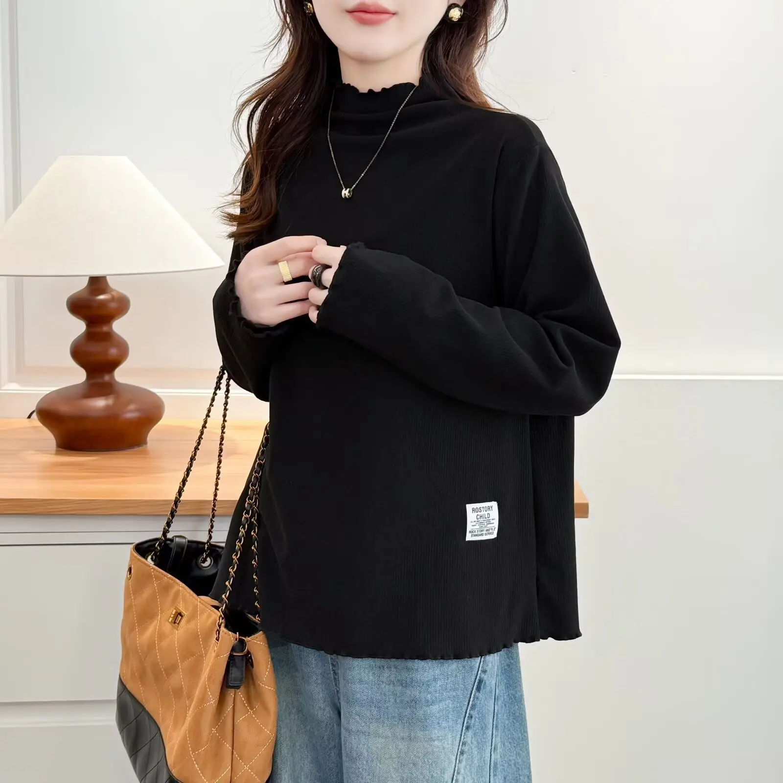 XXXXL Fashion Plus Size Woman Clothing T-Shirt New Autumn And Winter Simple Basic Style Ruffled Neck Warm Tops 191