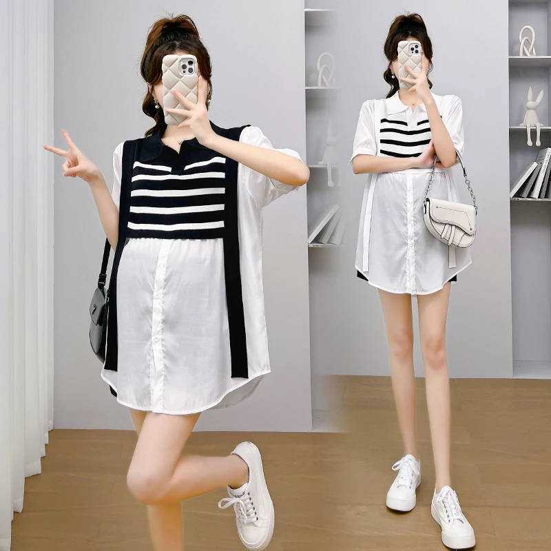 H73669# Maternity Trousers Polo Patchwork Design Womens Tops Belly Support Pants Summer Pregnancy Pants Set