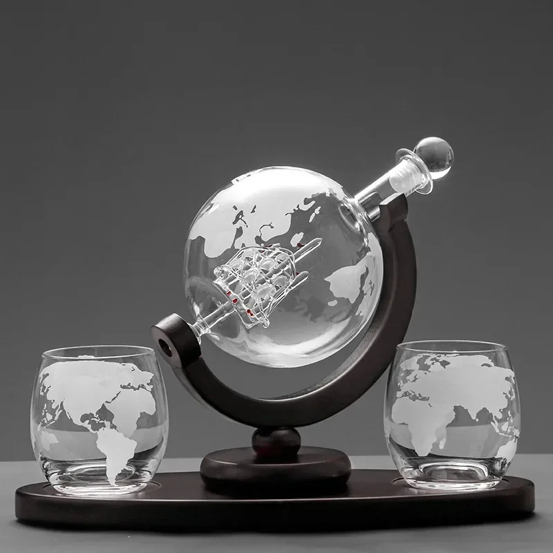 Whiskey Glass Set Crystal Globe Liquor Carafe for Whisky Vodka Sailboat in Decanter with Finished Wooden Stand Bar Tools Cup Hot