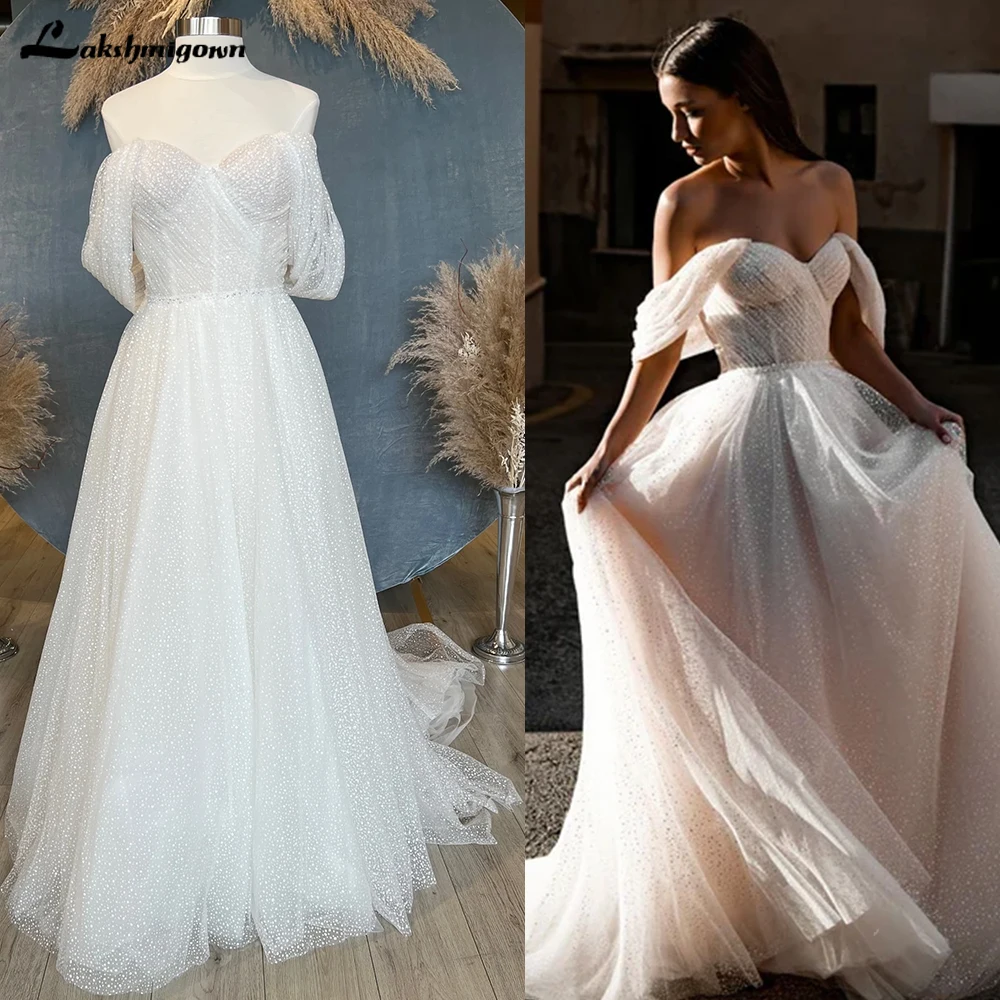 

Boho Casual Princess Romantic Sparkly Unique Wedding Dress Sequins A-line Silhouette Off Shoulder Bridal Gown vestido longo