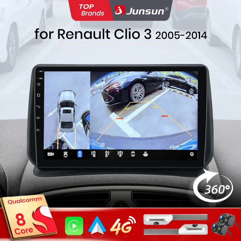 Junsun Qualcomm de 8 Núcleos 360 °   Radio para coche con CarPlay y Android Auto (opcional con cámara) para Renault Clio 3 2005-2014, sistema 2 DIN, estéreo, GPS, SWC, Bluetooth, FM, RDS, DSP, pantalla IPS, sistemas inteligentes para coche, control por voz con IA, 4G, WiFi, 8 núcleos, Plug&Play, unidad principal. 1
