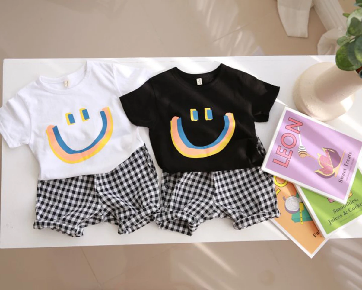 여름 신생아 유아 스포츠 레저 세트, 스마일 탑 격자 무늬 및 반바지 세트, 어린이 패션 아기 의류, 2 개 