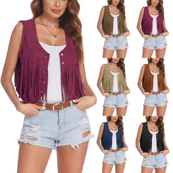 Women Faux Suede Ethnic Sleeveless For Jacket Rivet Fringe Tassels Hippie Open Front Cardigan Vintage Cowgirl Waistcoat Vest
