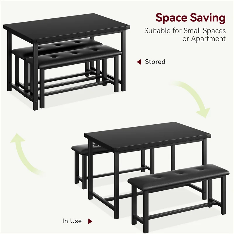 3Pcs Kitchen Dining Table Set with Upholstered Benches, Space-Saving Rectangular Bench Dining Table Set for Room