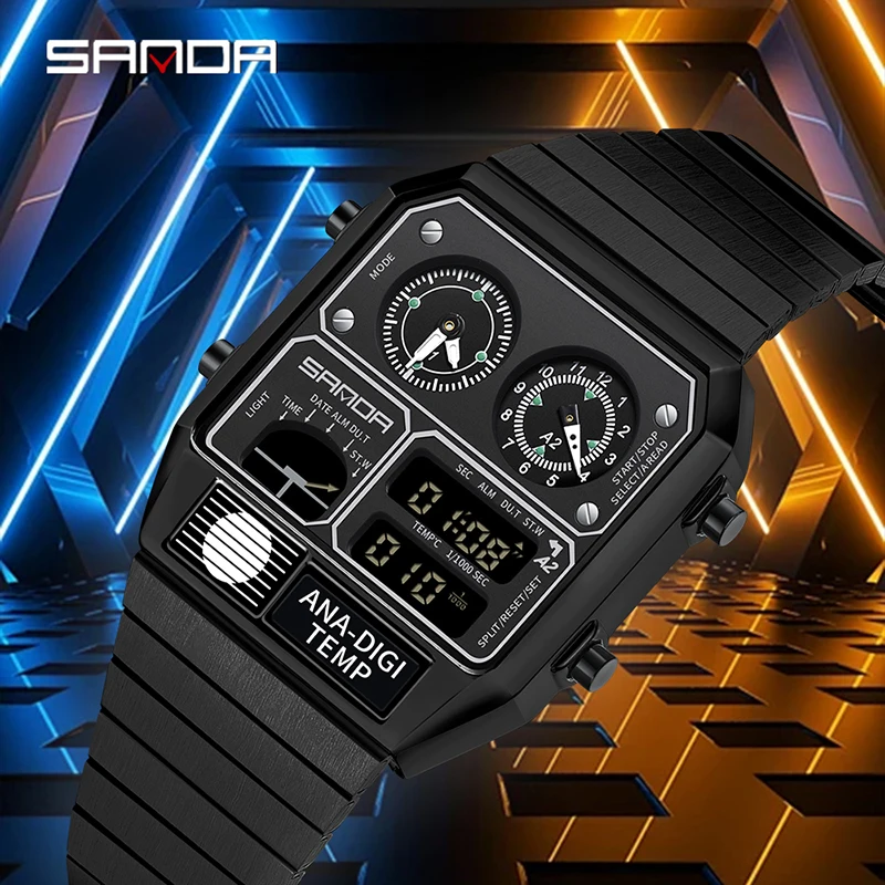 SANDA 3192 New Chronograph LED Electronic Square Men's Three Time