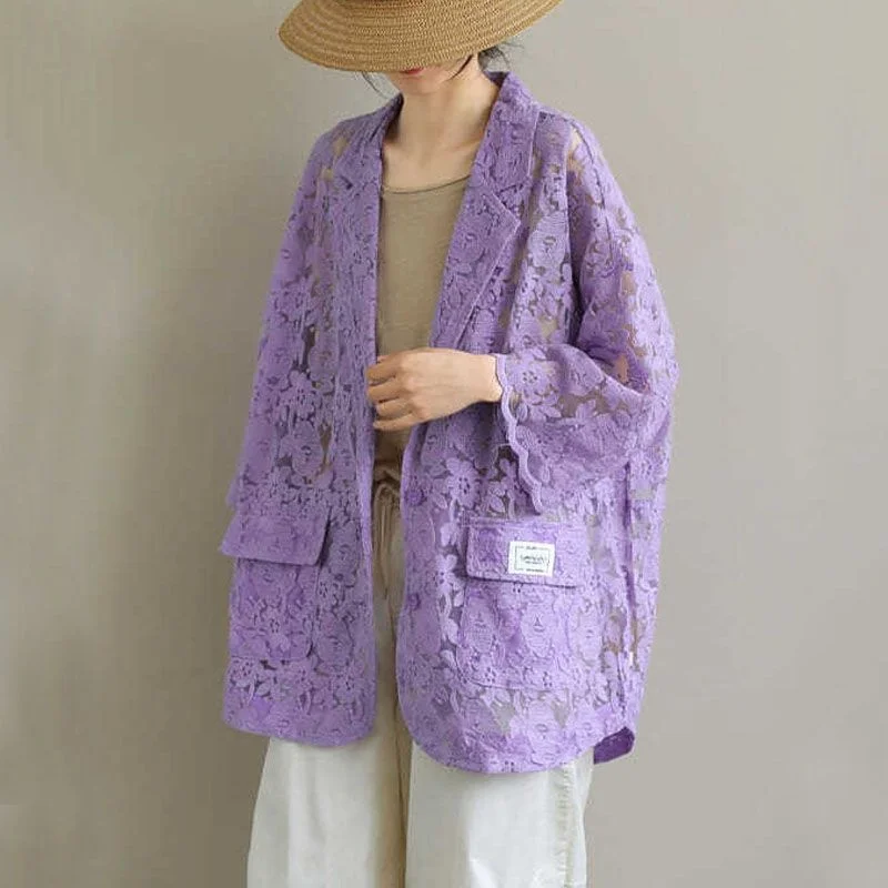 

Женский кружевной блейзер с вышивкой, повседневный Свободный кардиган в Корейском стиле, весна-лето