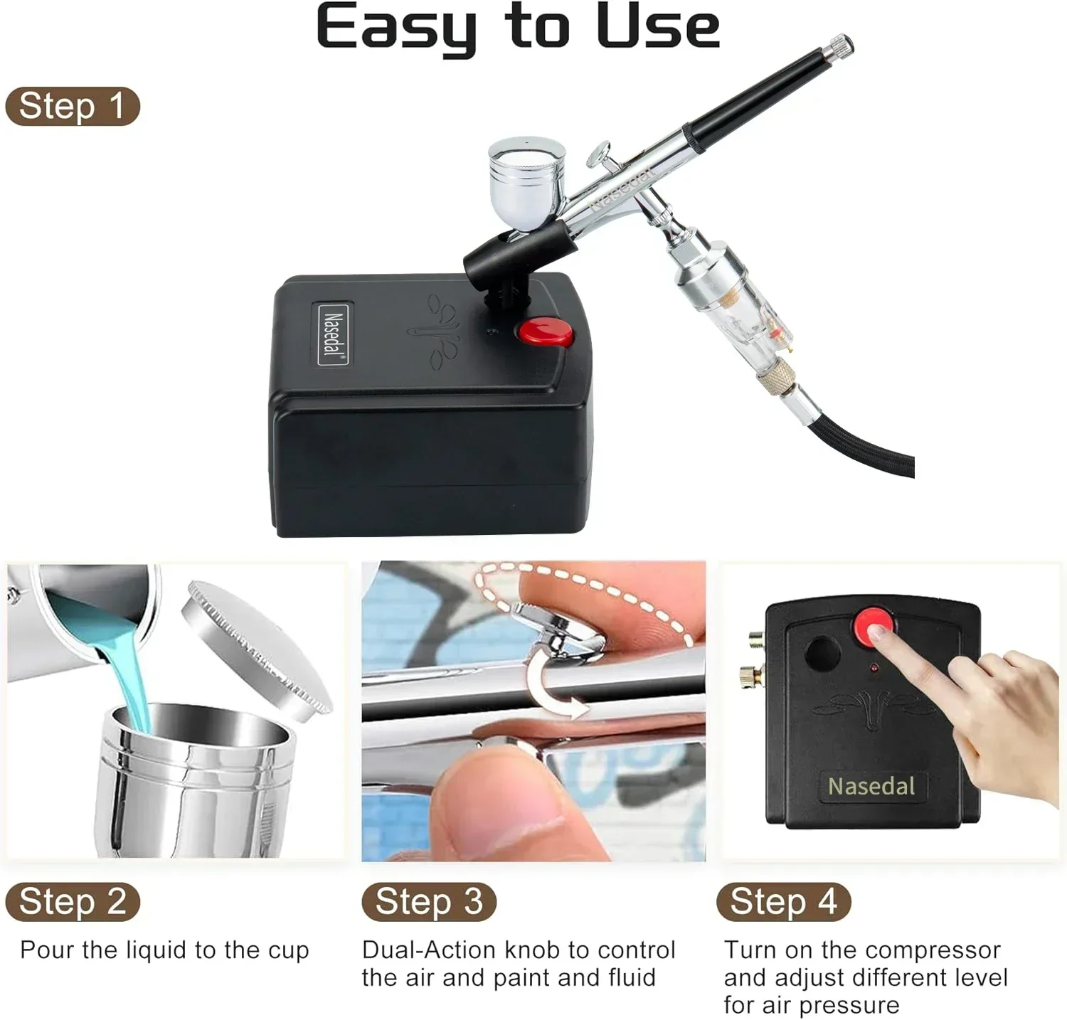 Nasedal NT-19 Dual-Action Airbrush Compressor Kit 0.3mm Airbrush Spray Gun for Nail Airbrush Model Cake Car Fish Shoes Painting 3
