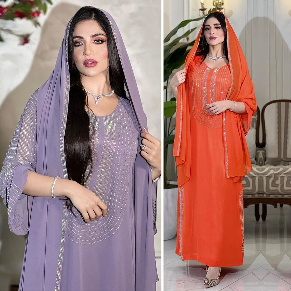 

Muslim National Dress For Women Luxury Long Sleeve Diamond Solid Dubai Kaftan Islamic Arab Elegant Banquet Clothing Turkey Abaya