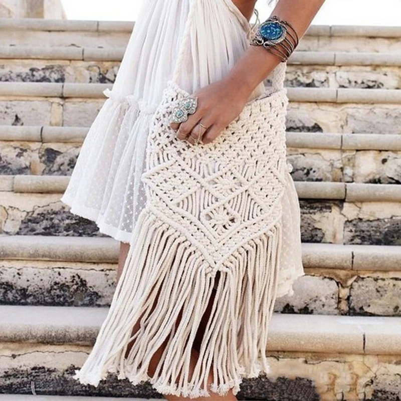 Borsa In Cotone Uncinetto Fatta A Mano – Tracolla Bohémien Con Tasca Interna – 38x16x30 Cm – Per Spiaggia, Università E Tempo Libero - 3