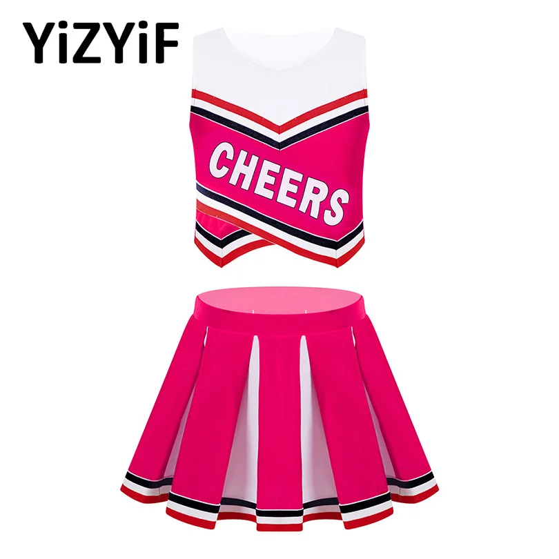 Girls Cheerleader Uniform Dance Outfit Kids Cheerleading Cosplay Costumes V-Neck Sleeveless Crop Top with Mini Pleated Skirts kids girls cheerleading costume dance outfit sleeveless zippered tops with pleated skirt and 1 pair tassel flower ball set