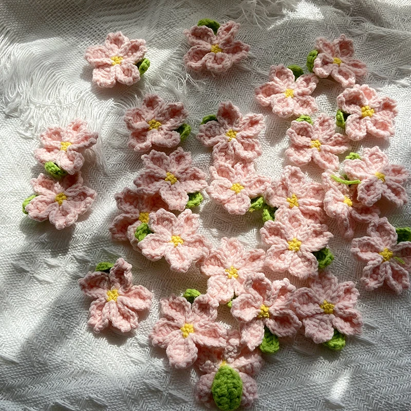 Hand-knitted Crochet Flower Cherry Blossom Crochet Hairpin Pin DIY Sewing Accessories Pink and Green Leaf Flower