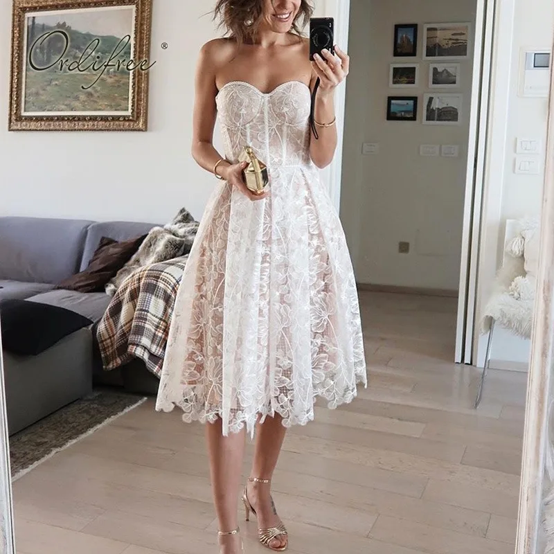 

Strapless Summer Midi Lace Dress A Line Slim White Clubwear Sleeveless Sexy Short Party Dresses for Women Clothes