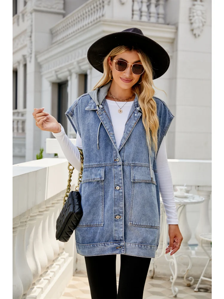 HoodedDenimVestJacketCoatWomenSolidColorLapelSingleBreasted