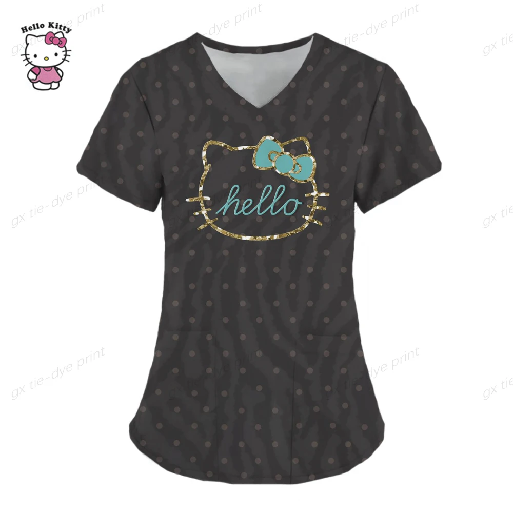 thumbnail image 1 of Uniformes médicos de Hello Kitty para mujer, camisetas de enfermera con estampado de dibujos animados de Hello Kitty, uniforme de novio para mascotas, ropa de cuidado de manga corta, 1 of 5