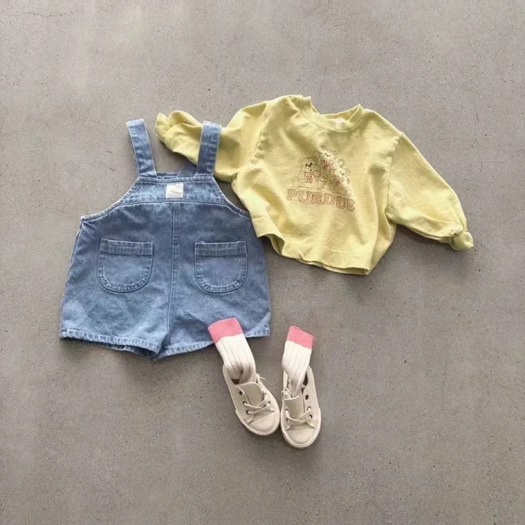 Korean Version Ins Summer New Shorts, Denim Overalls, Cool and Breathable Loose Pants for Boys and Girls, Versatile for Summer