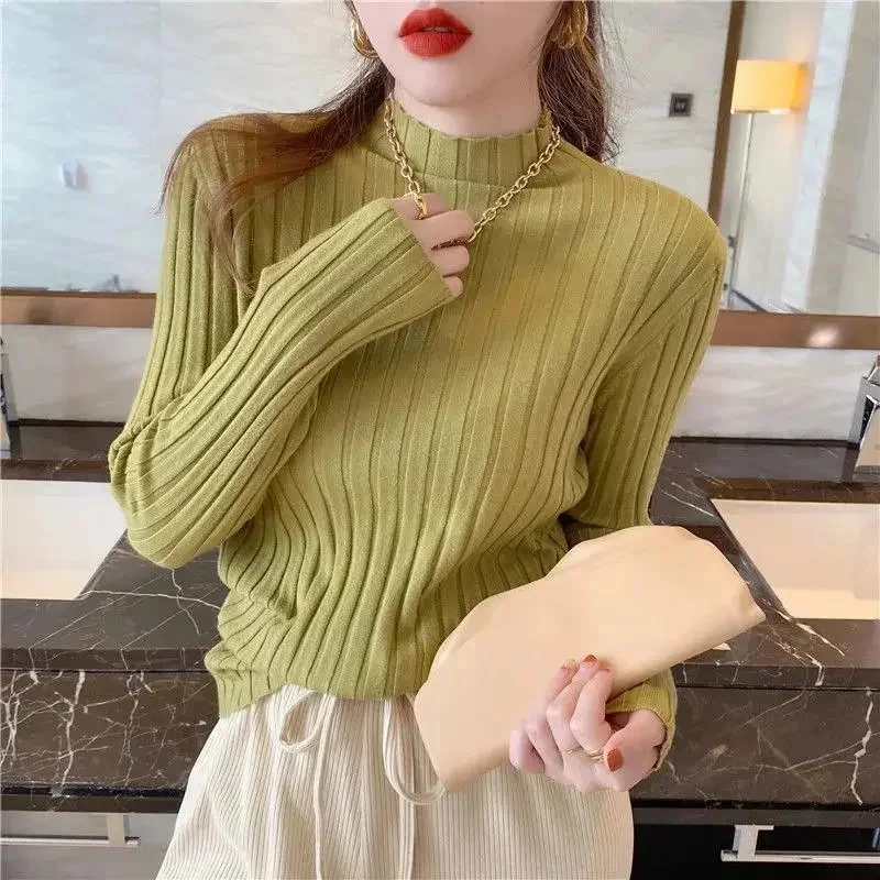 

Pullover Ribbed Knitted Sweater Autumn Winter Clothes Women 2021 High Neck Long Sleeve Slim Basic Woman Sweaters Tops