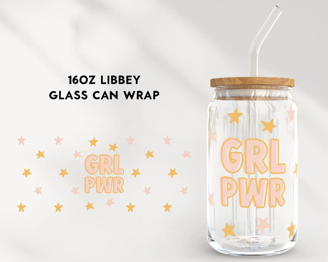 

GRL PWR для Libbey 16oz банка Glass Girl Power UV DTF кофейная банка Libbey стеклянная пленка