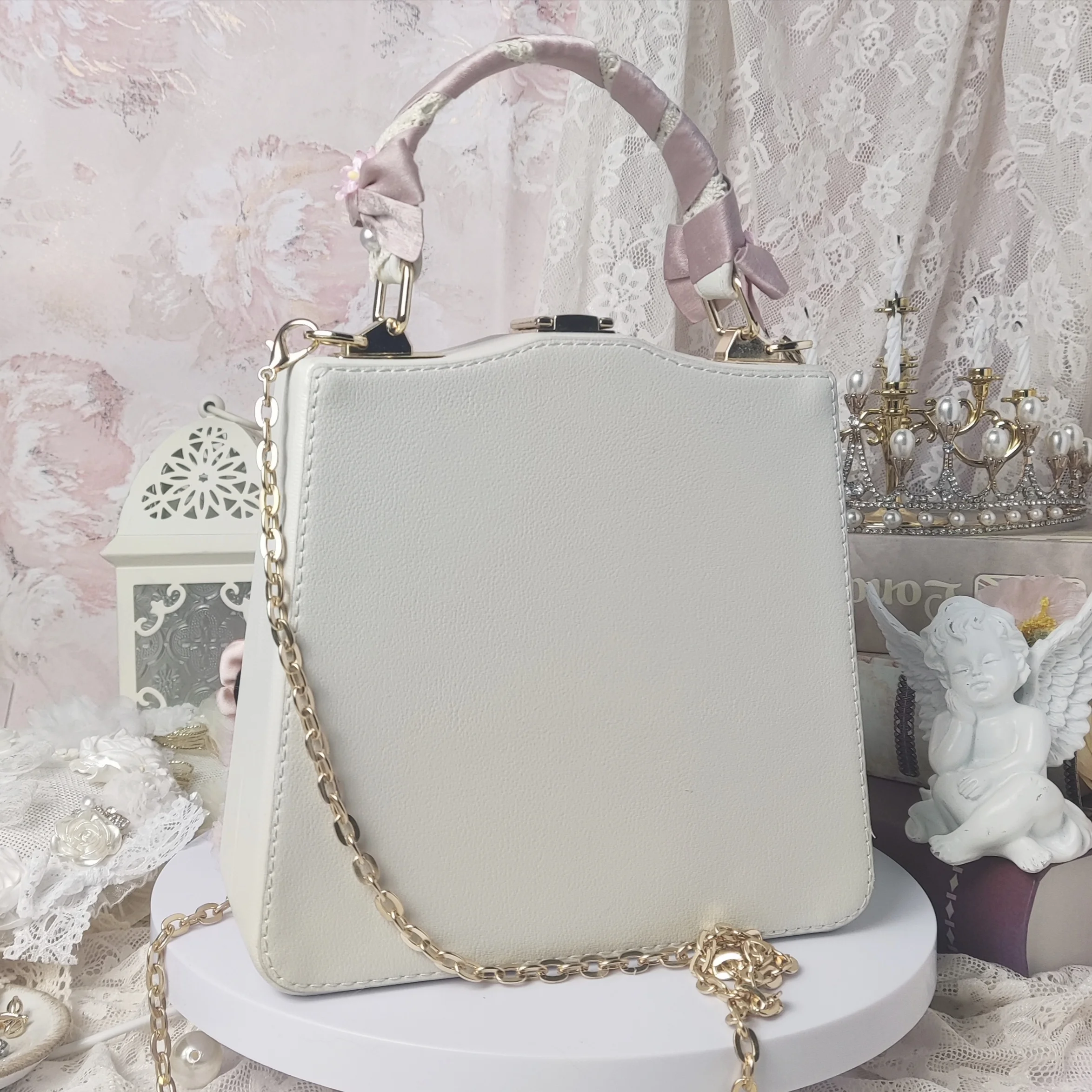 Women Girl Lolita Handbags Satchels Flowers Bowtie Imitation Pearl Shoulder Bag Crossbody Bags Luxury Lace Ribbon Pink Color