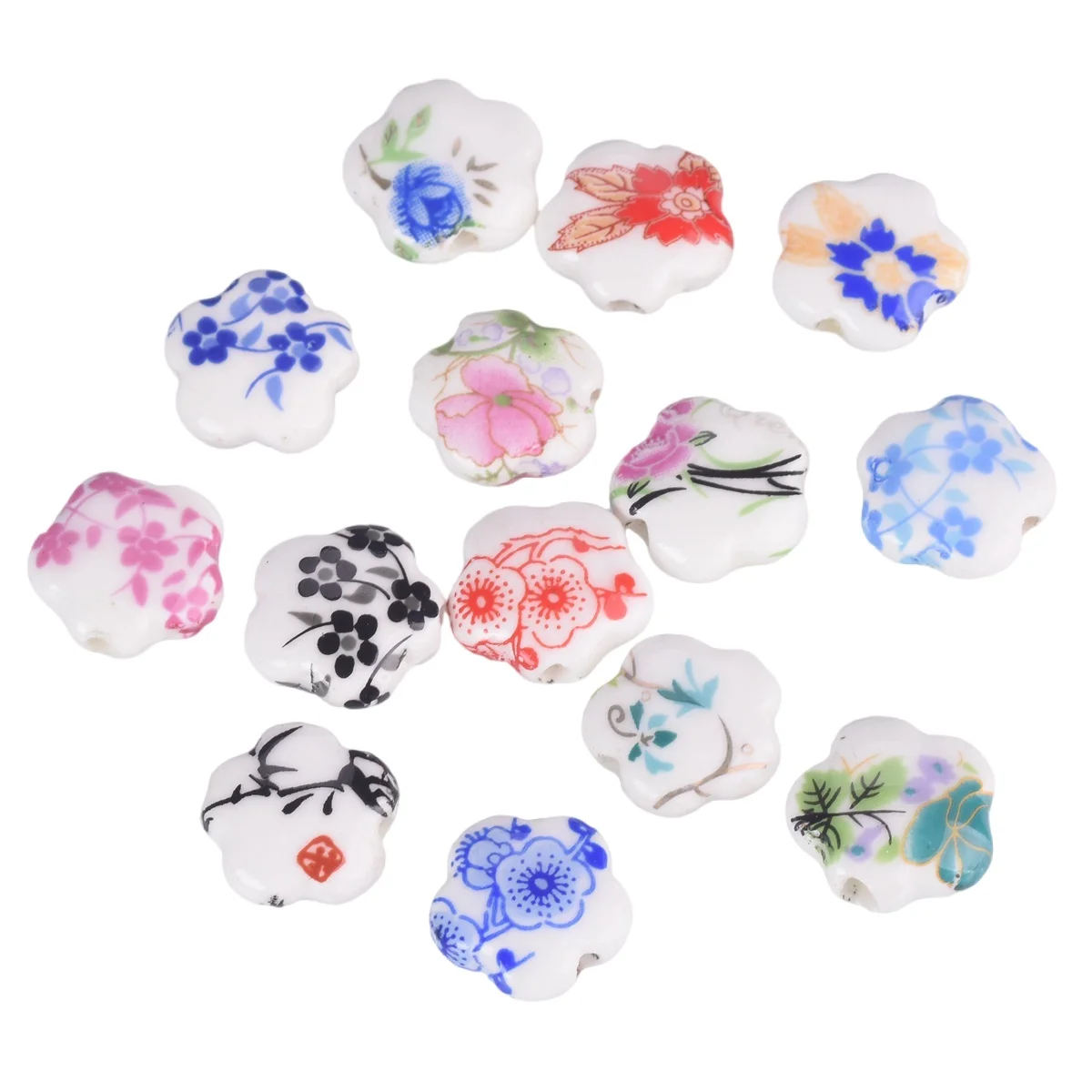 10pcs 15mm Flower Shape Patterns Ceramic Porcelain Loose Crafts Beads Lot For Jewelry Making DIY Findings