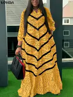 VONDA Plus Size Ruffled Women Bohemian Vestidos Autumn Long Maxi Robe Print Party Elegant 3/4 Sleeve Casual Loose Dress 5XL - Image 2
