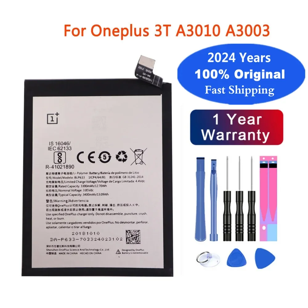 

2024 год, 3400 мАч BLP633 Оригинальный аккумулятор для OnePlus One Plus 3T A3010, умный аккумулятор, батареи