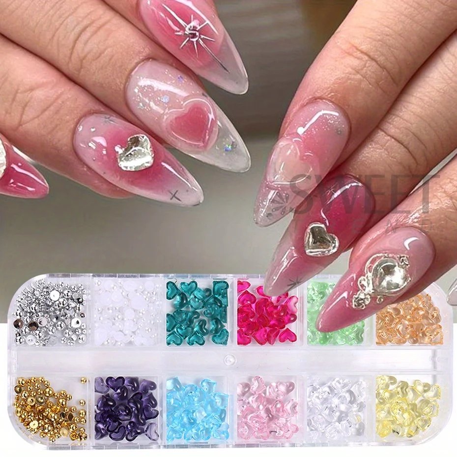 12 Grids Heart Shape Nail Art Charms Transparent Love Heart Resin Jewelry Pearl Half Bead Valentine's Decor Manicure Rhinestone