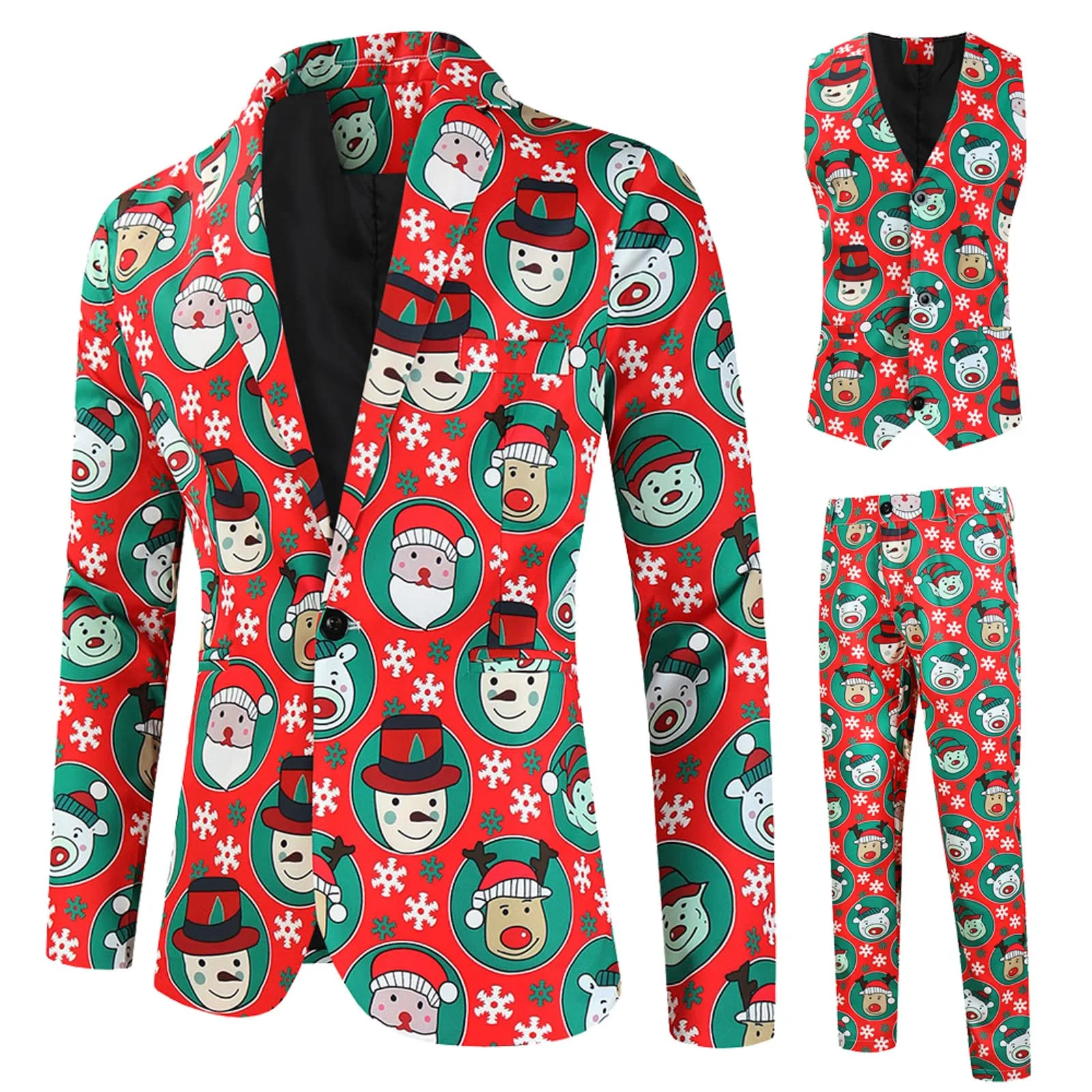 

Mens Christmas Suit 3 Piece Cartoon Santa Claus Printed Blazer Vest Trousers Y2k Business Vintage Xmas Carnival Party Suits Male