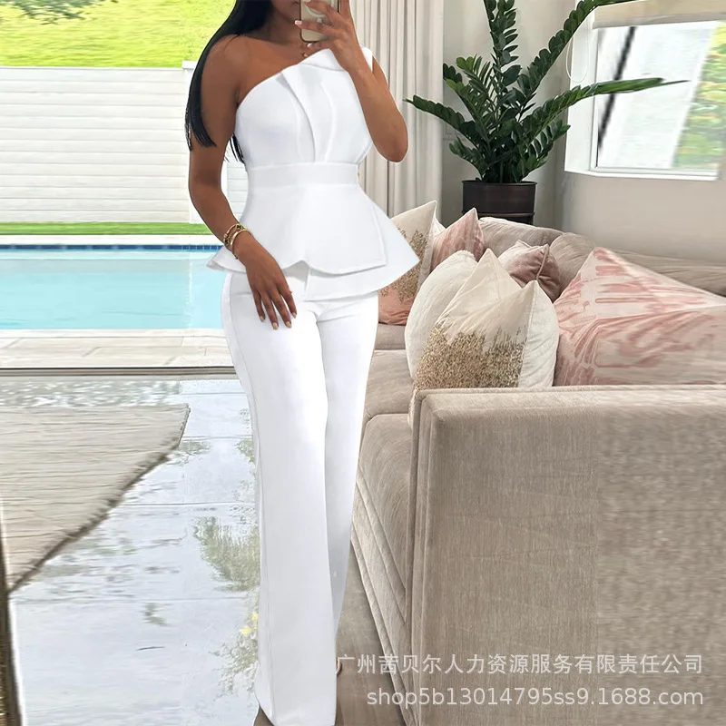 Spring Summer Sleeveless Suit Fashion Print Two Piece Sets Women Sexy V-neck Button Metal Sling Top & Wide Leg Pants Outfits