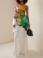 Yeezzi Women's Elegant Flower Printed Prom Banquet Long Dress 2025 New One-shoulder Asymmetric Vacation Bohemia Beach Maxi Dress