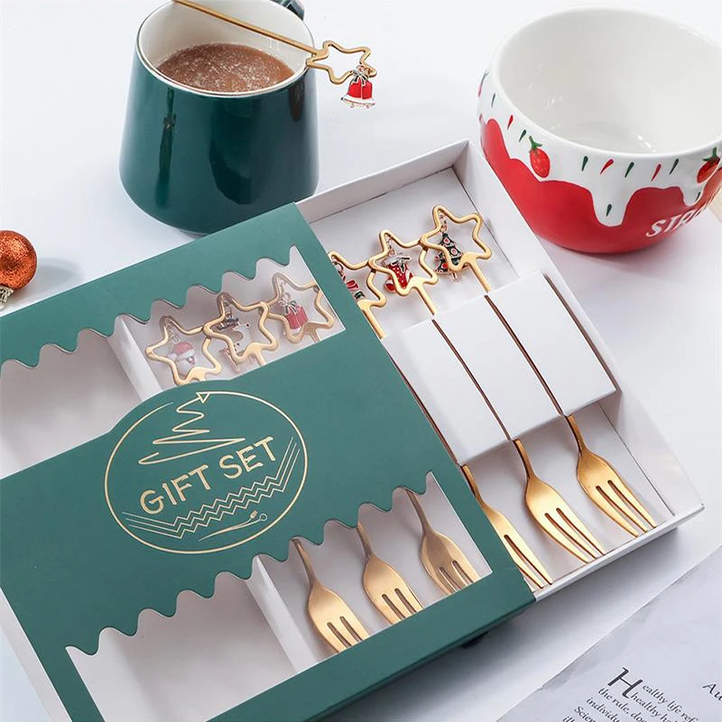 4/6Pcs Christmas Dinnerware Stainless Steel With Luxury Gift Box Tableware Desser Fork Coffee Spoon Santa Cutlery For Christmas