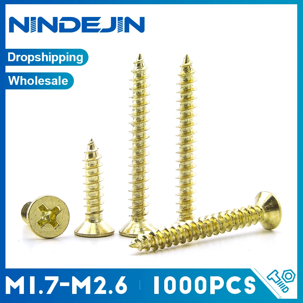 Nndejin-cabeça Chata Parafuso Auto Tocando Aço Carbono Pequeno Parafuso para Carpintaria Cruz Phillips Placa de Ouro M1.7 m2 M2.3 M2.7 1000 Pcs